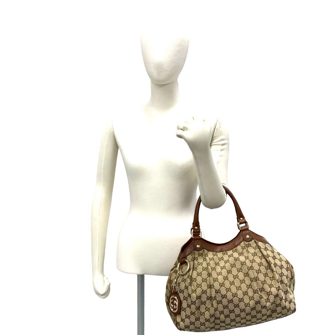 Gucci GG Logo Pattern Canvas Leather Shoulder Bag Tote Brown — view 2