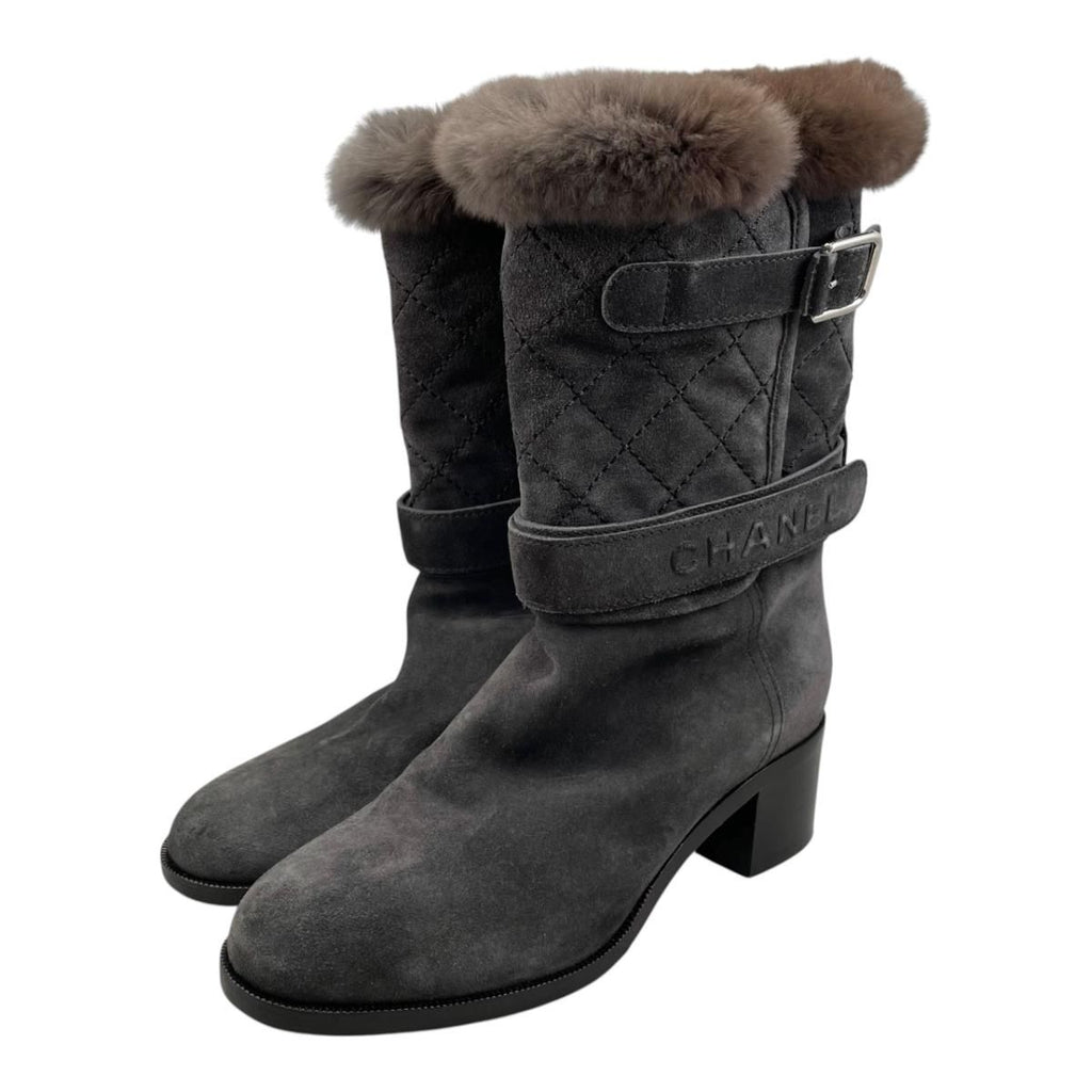 Chanel Middle Boots Quilted Embossed Logo 38.5 Suede Fur Gray Silver