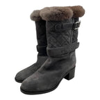 Chanel Middle Boots Quilted Embossed Logo 38.5 Suede Fur Gray Silver