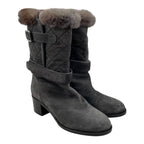 Chanel Middle Boots Quilted Embossed Logo 38.5 Suede Fur Gray Silver — view 2