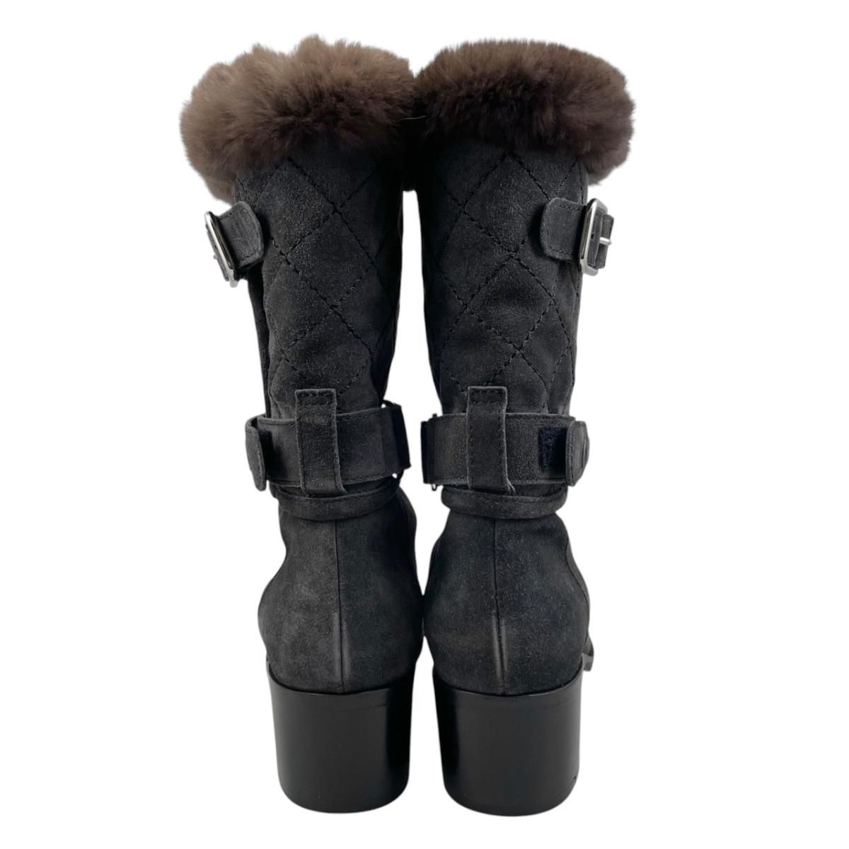 Chanel Middle Boots Quilted Embossed Logo 38.5 Suede Fur Gray Silver — view 4