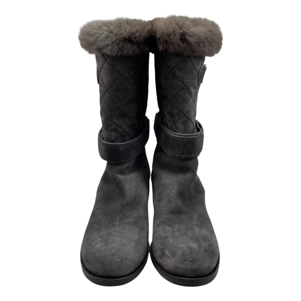 Chanel Middle Boots Quilted Embossed Logo 38.5 Suede Fur Gray Silver — view 3