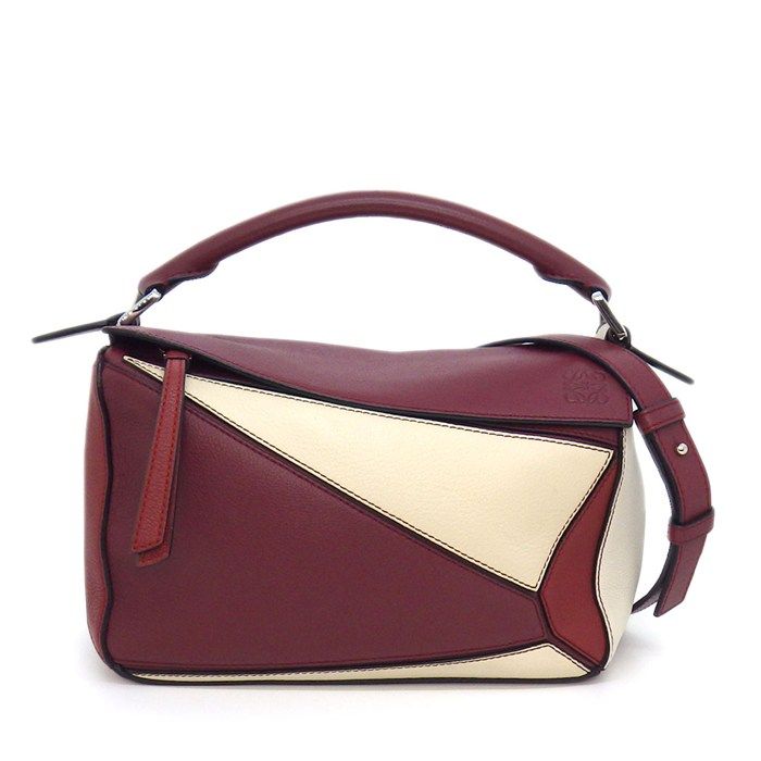 Loewe Shoulder Bag Puzzle Small Wine Garnet Ivory Soft Grain Calf Silver