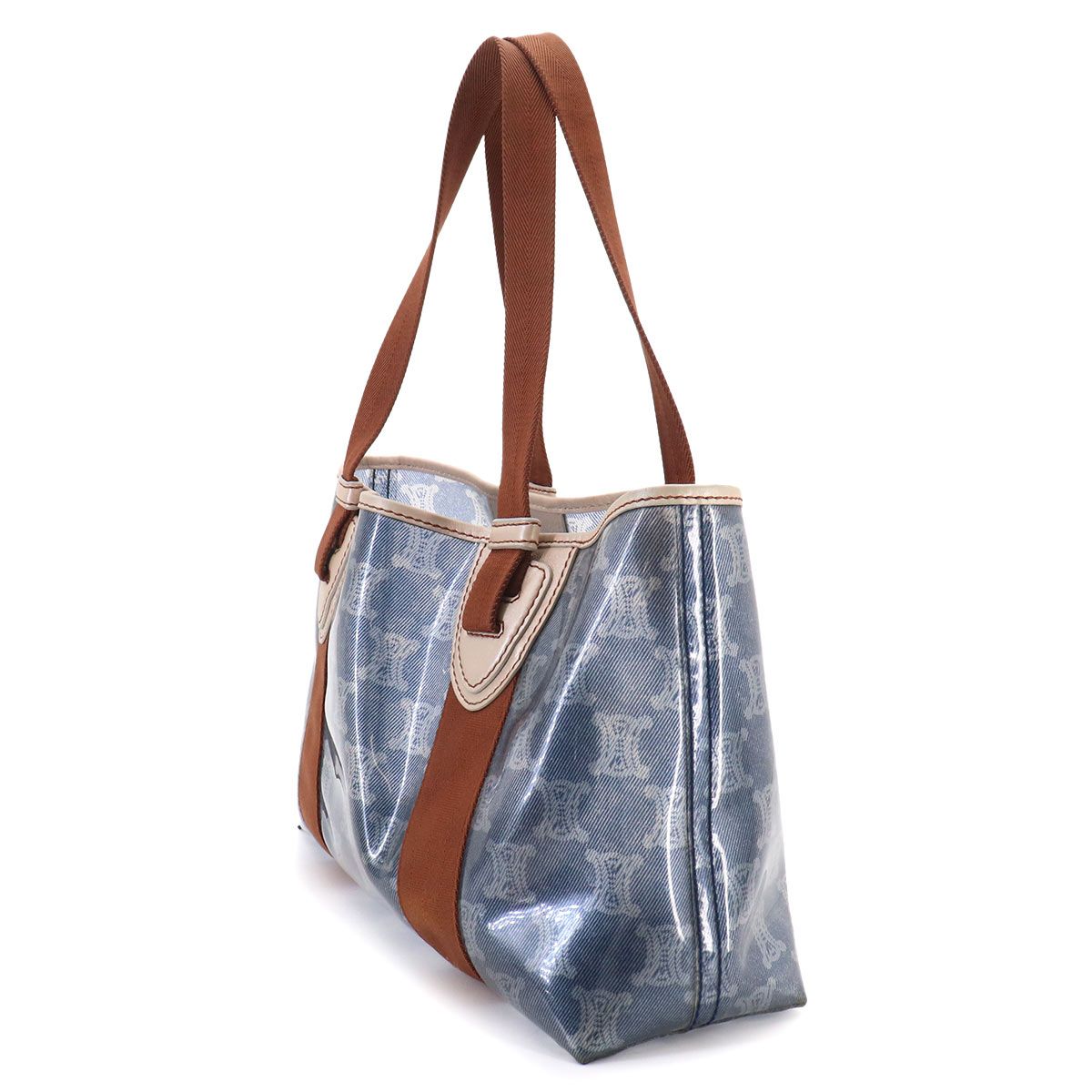Celine Macadam Tote Vinyl Canvas Leather Blue Brown Vintage — view 4