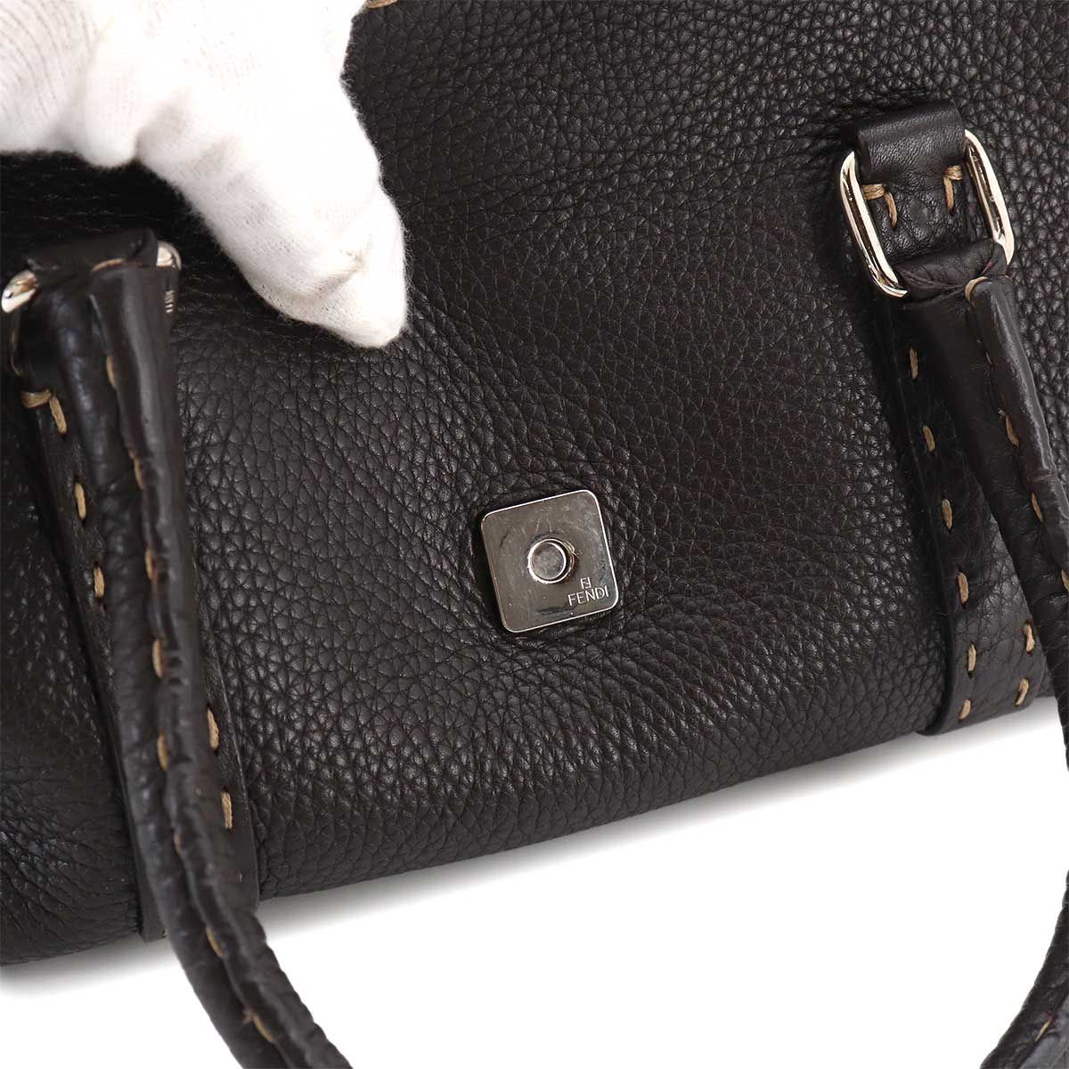 Fendi Selleria Mini Linda Hand Bag Leather Dark Brown Silver — view 9