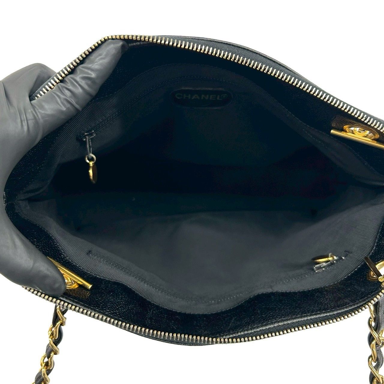 Chanel Card Vintage Logo Caviar Leather Chain Shoulder Bag Black — view 9