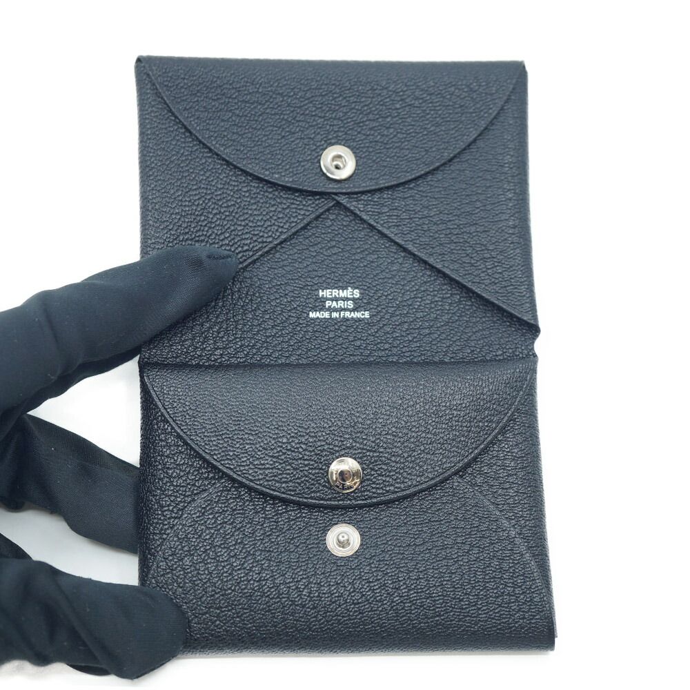 Hermes Calvi Duo Leather Black Silver Coin Case Box — view 6