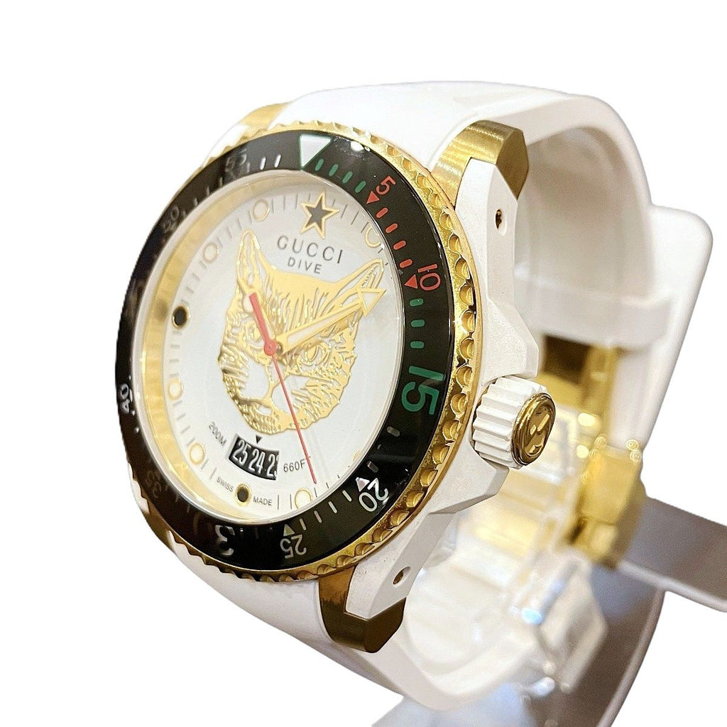 Gucci Dive Mystic Cat Watch SS Rubber Quartz White Gold Dial 136.3 — view 2