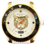 Gucci Dive Mystic Cat Watch SS Rubber Quartz White Gold Dial 136.3