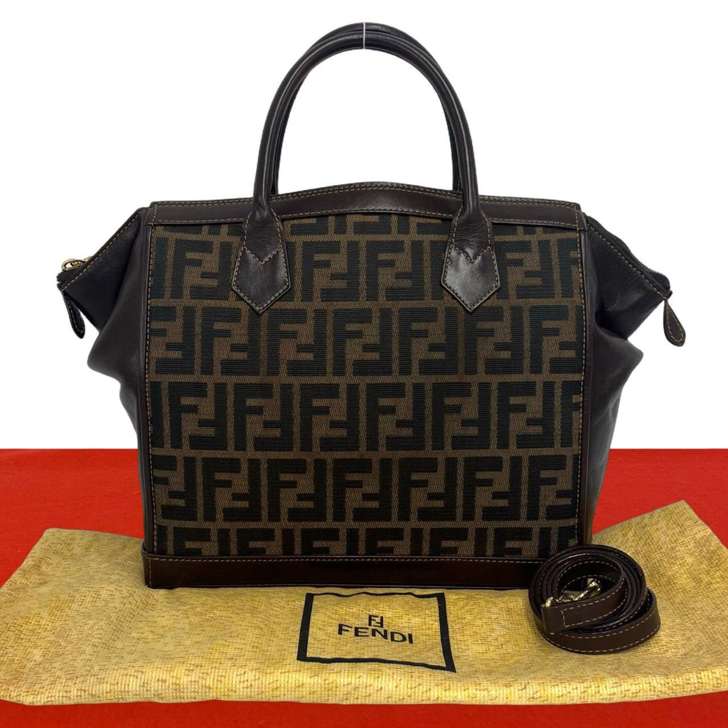 Fendi Vintage Zucca FF Logo Pattern Canvas Leather Shoulder Bag Brown