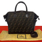 Fendi Vintage Zucca FF Logo Pattern Canvas Leather Shoulder Bag Brown