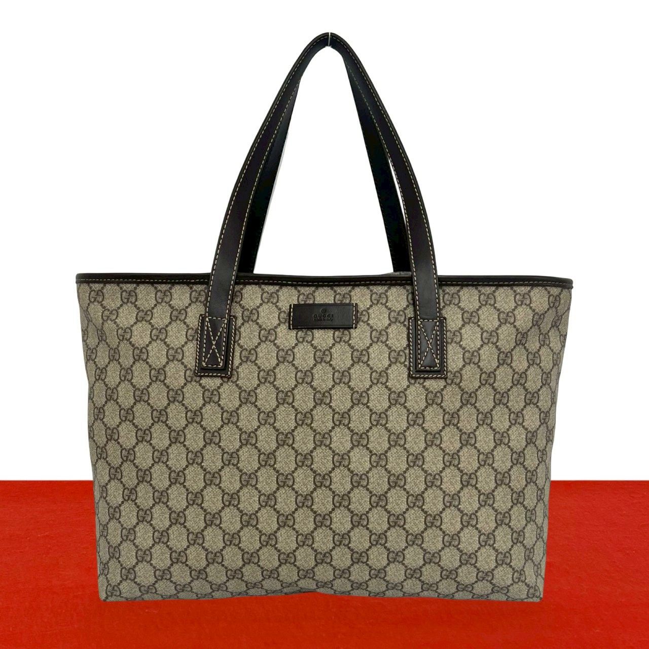 Gucci GG Logo Pattern Leather Tote Shoulder Bag Business Brown