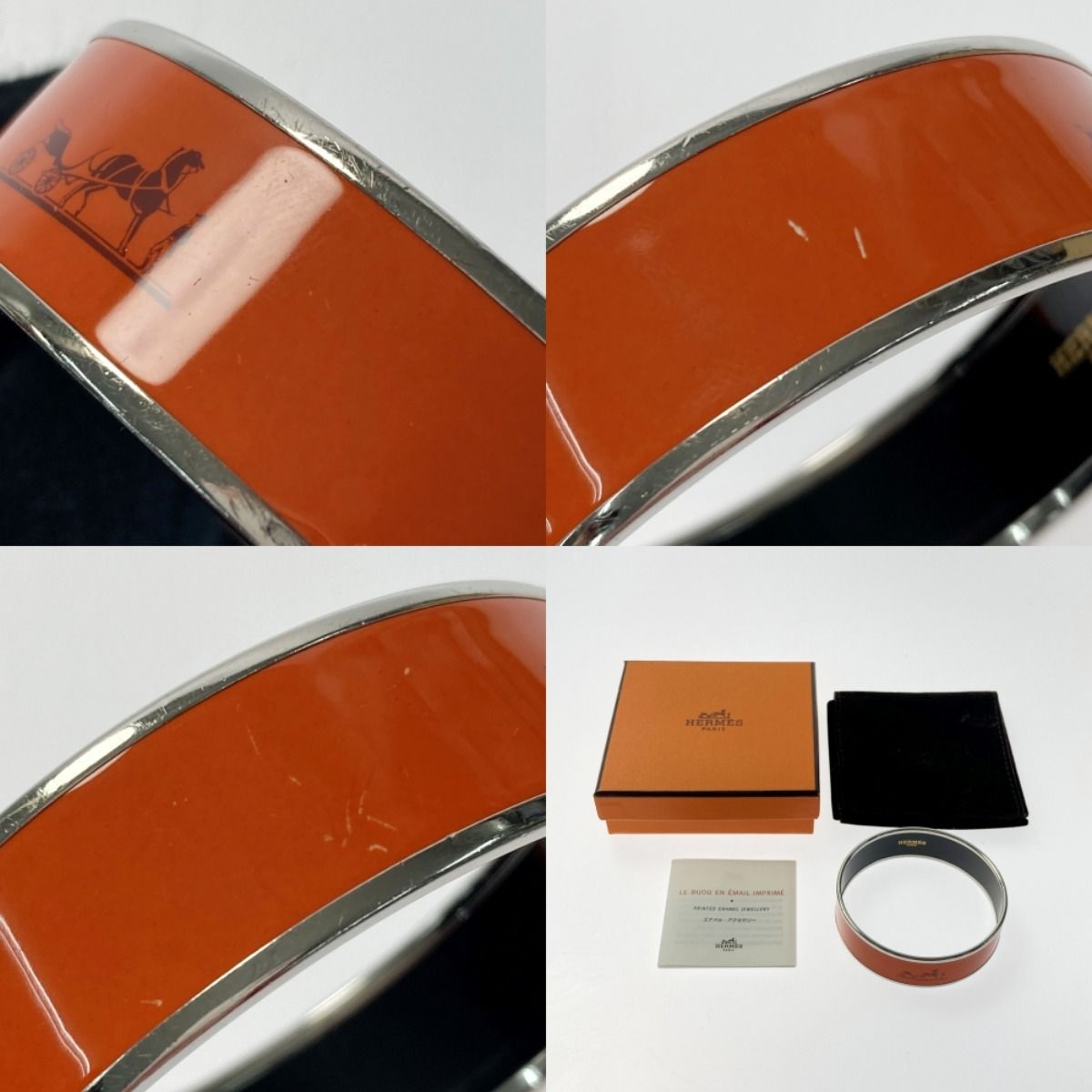 Hermes Enamel GM Large Bangle Orange Bracelet Cloisonne Carriage Box Cloth — view 6