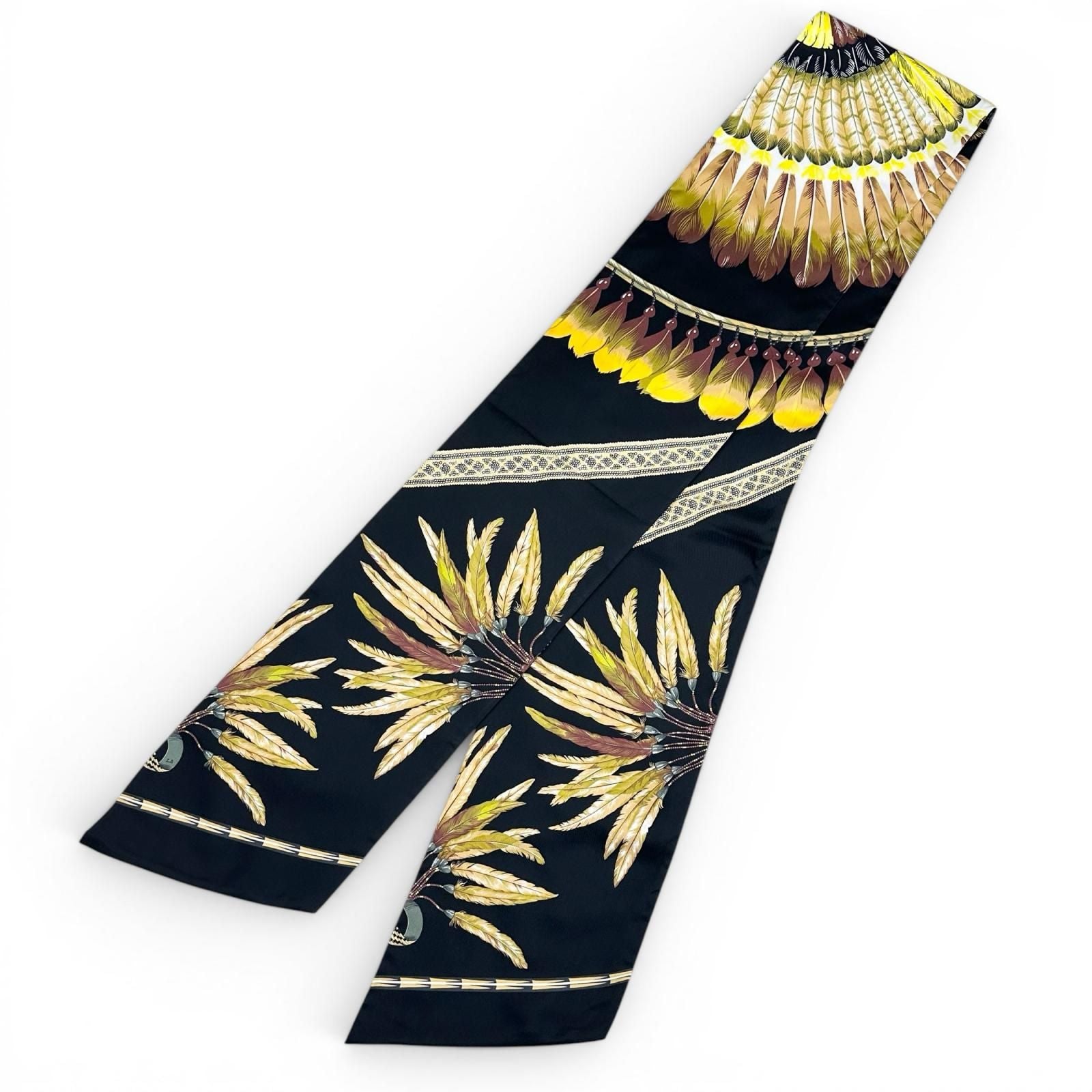 Hermes Carre Long Maxi Twill Brazil Silk 100% Scarf Black Yellow