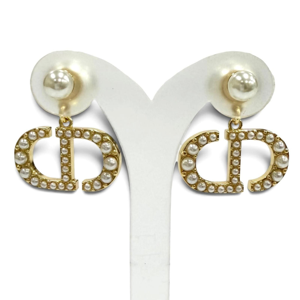 Dior Tribales Earrings CD Crystal Logo Pearl White Gold