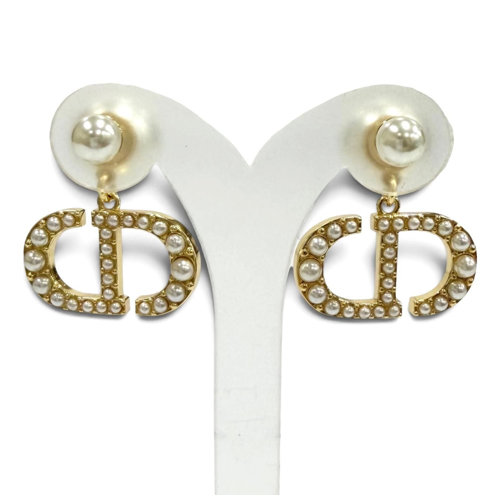 Dior Tribales Earrings CD Crystal Logo Pearl White Gold