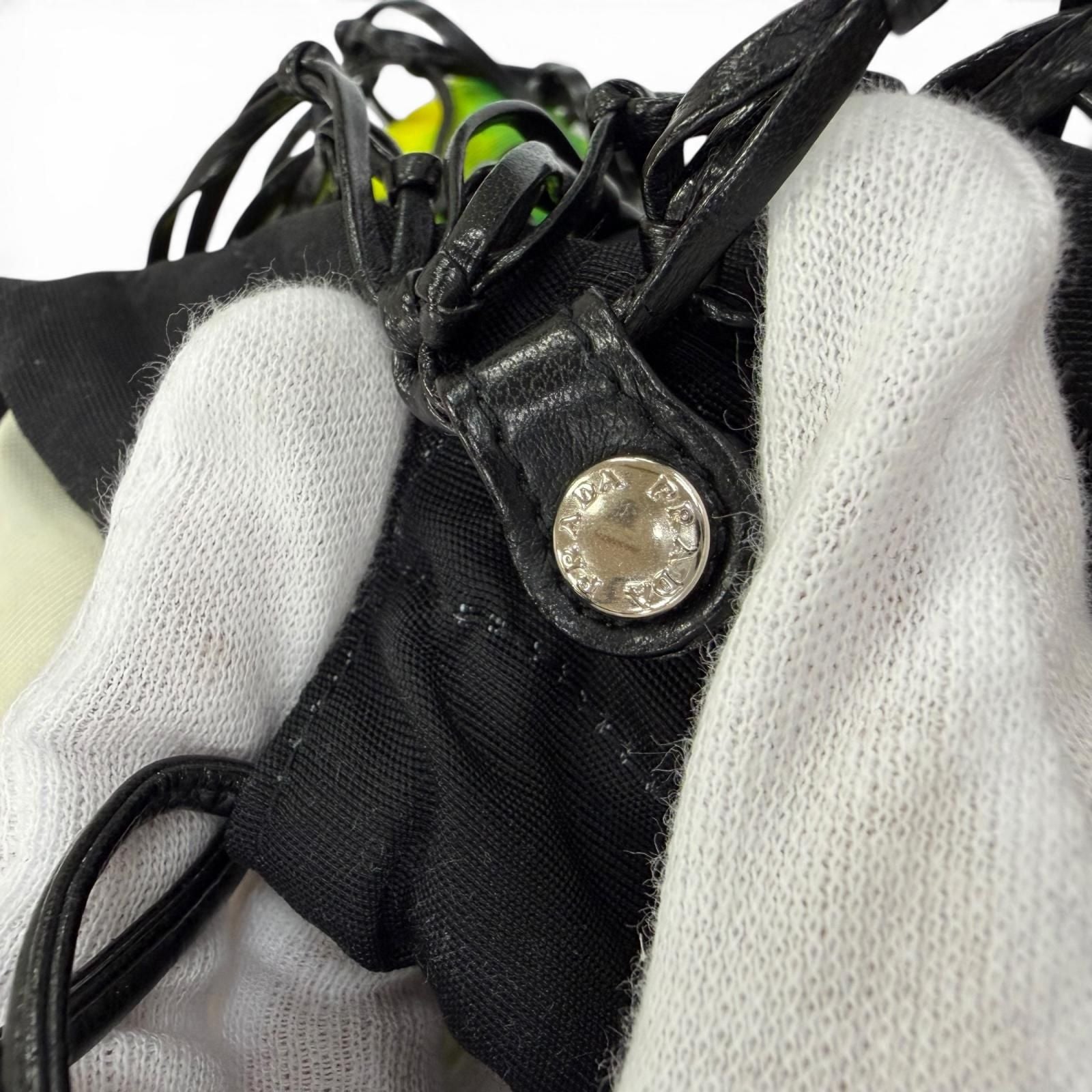 Prada Triangle Logo Leather Mesh Tote Black Yellow — view 9