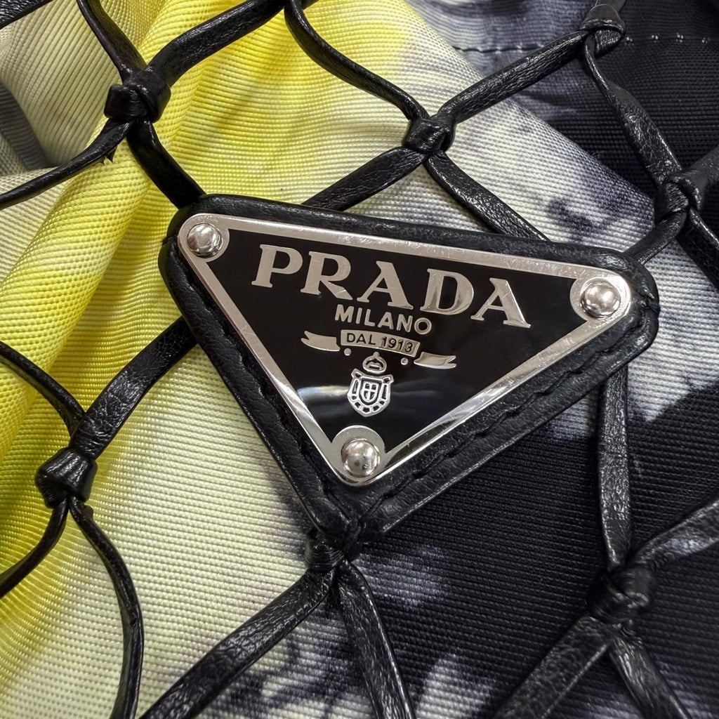 Prada Triangle Logo Leather Mesh Tote Black Yellow — view 8