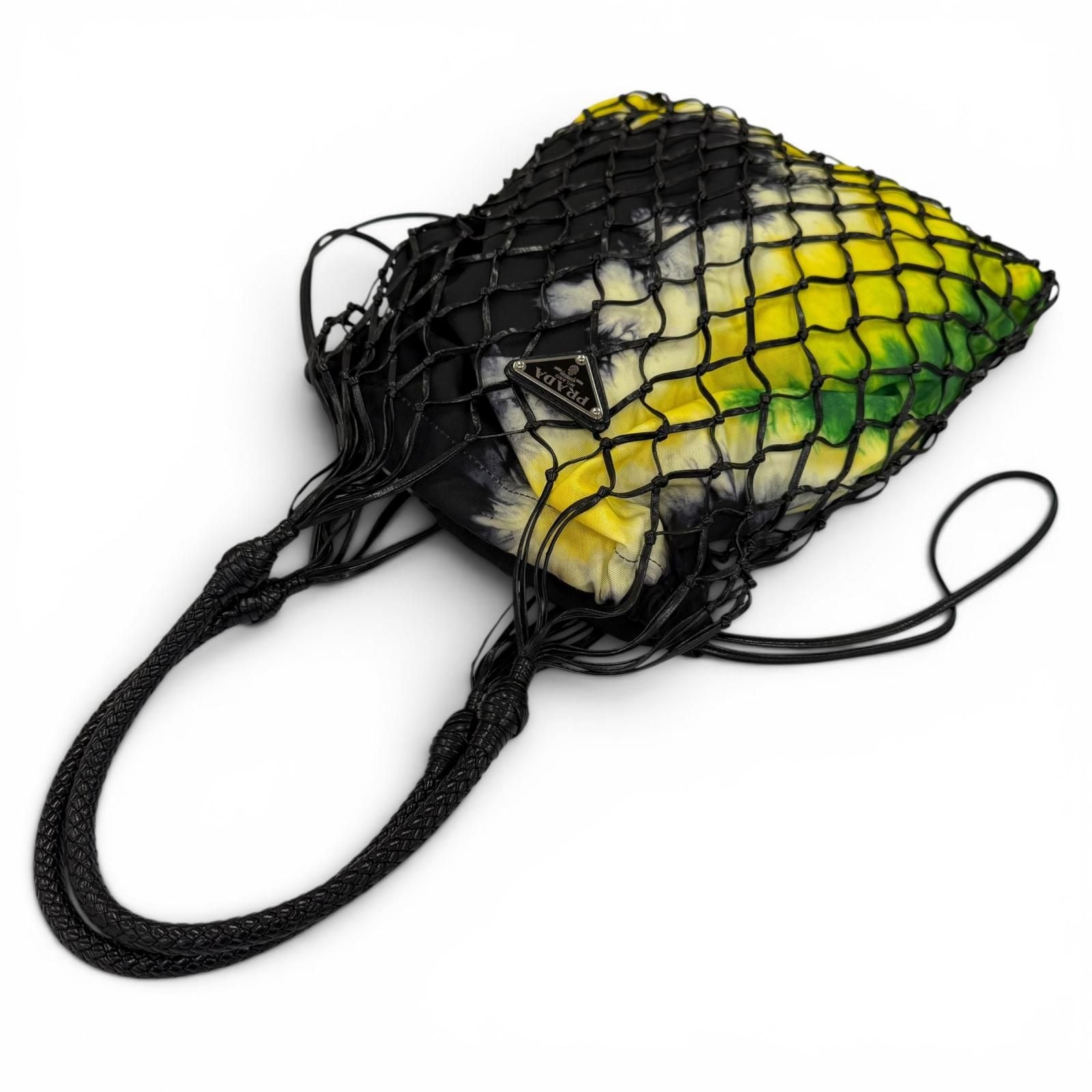 Prada Triangle Logo Leather Mesh Tote Black Yellow — view 4