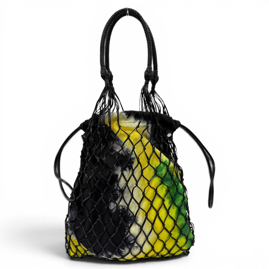 Prada Triangle Logo Leather Mesh Tote Black Yellow — view 2