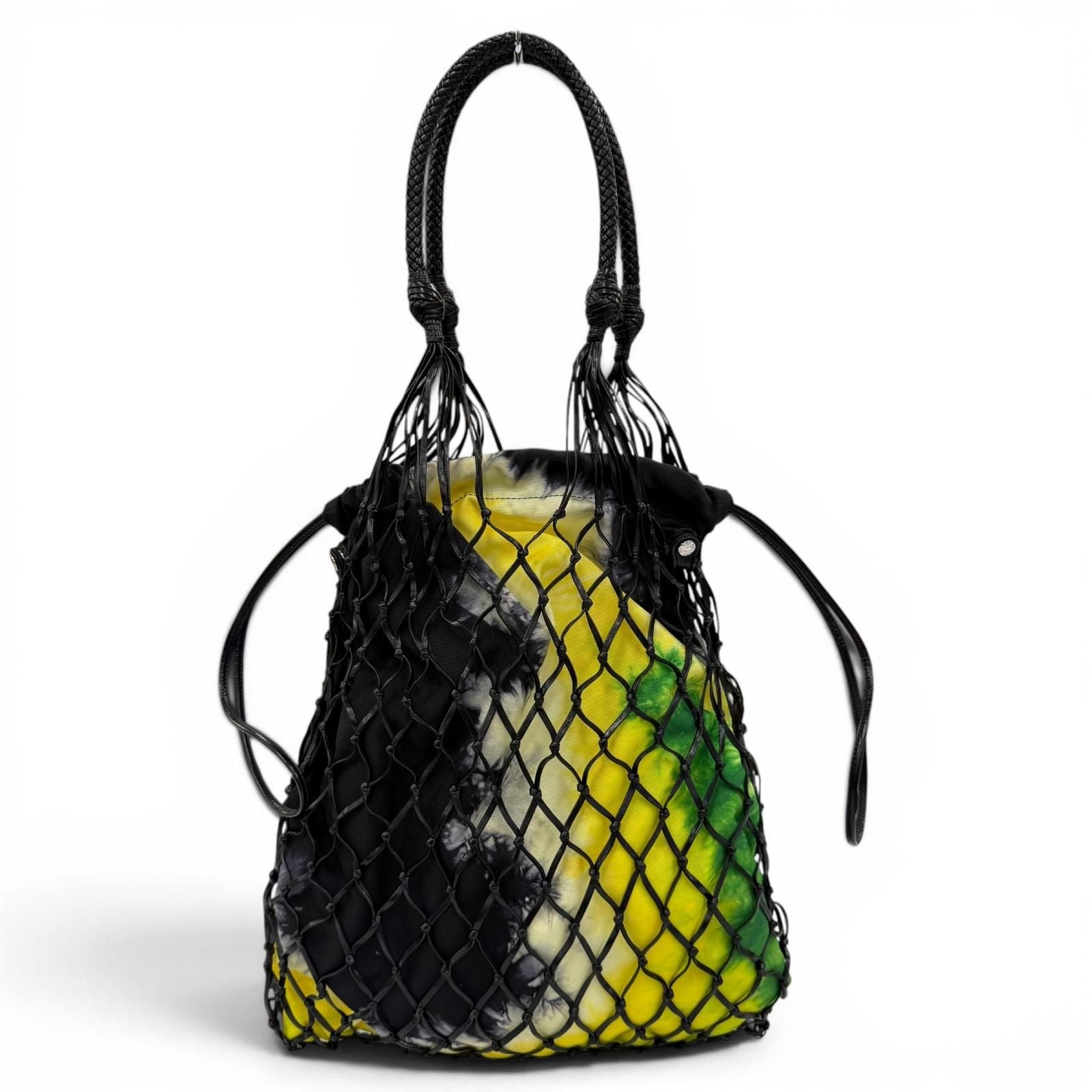 Prada Triangle Logo Leather Mesh Tote Black Yellow — view 2