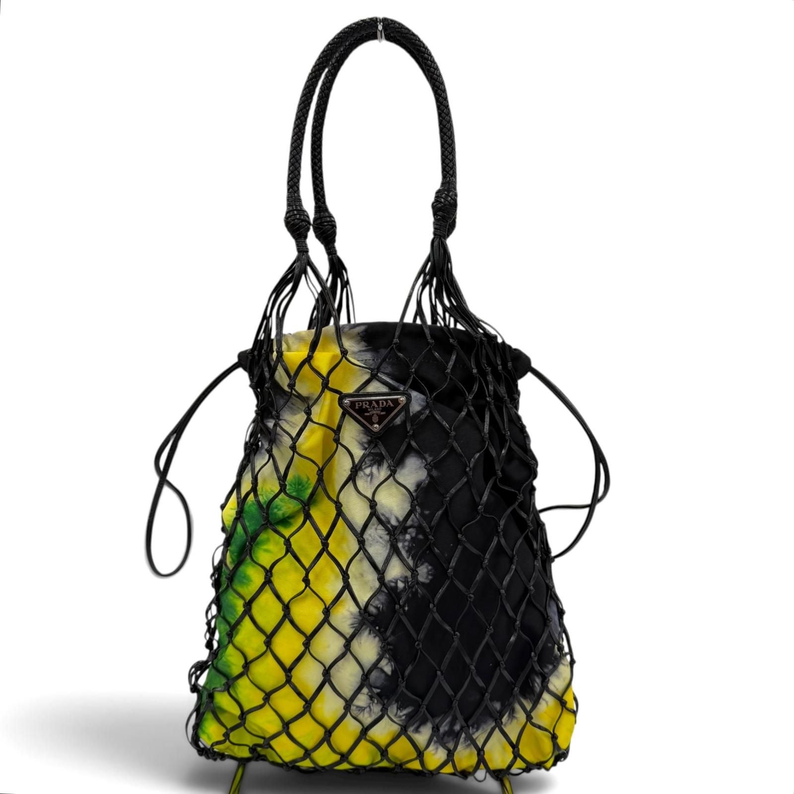 Prada Triangle Logo Leather Mesh Tote Black Yellow
