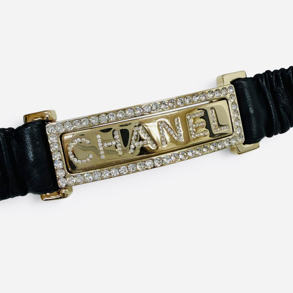 Chanel 23c Logo Buckle Rhinestone Leather Belt Black Gold — view 6
