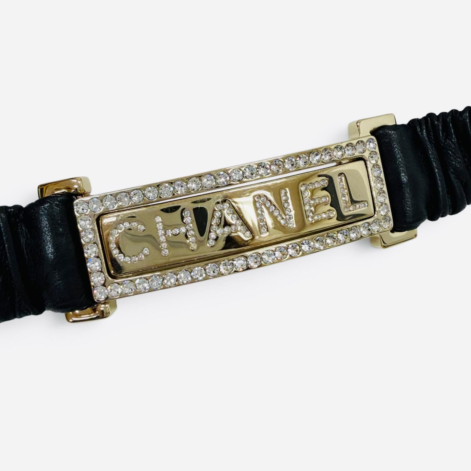 Chanel 23c Logo Buckle Rhinestone Leather Belt Black Gold — view 6