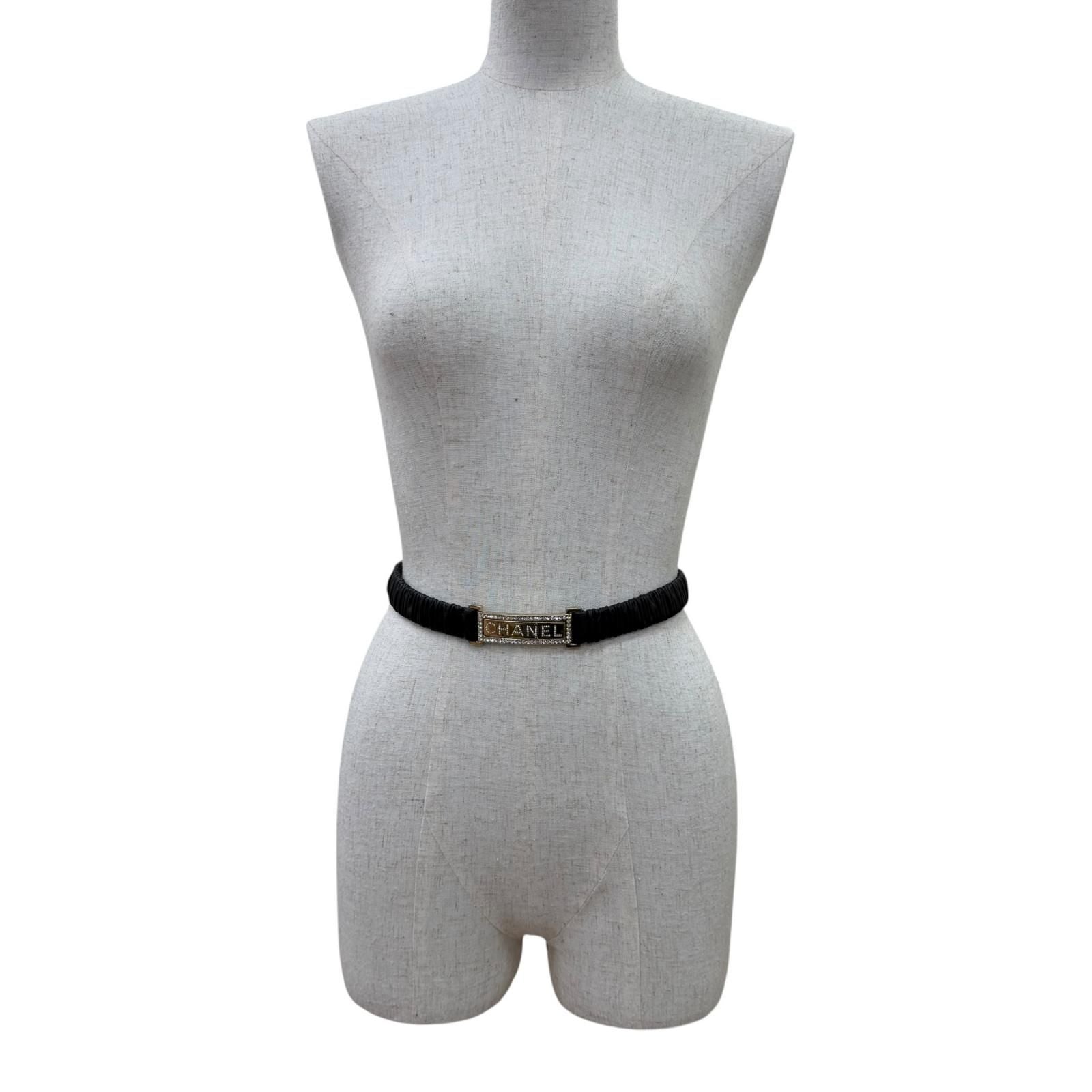 Chanel 23c Logo Buckle Rhinestone Leather Belt Black Gold — view 2