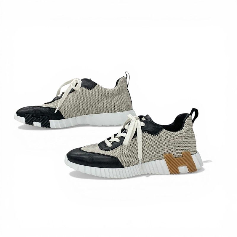 Hermes Bouncing Sneakers Fabric Leather Black Beige White — view 3