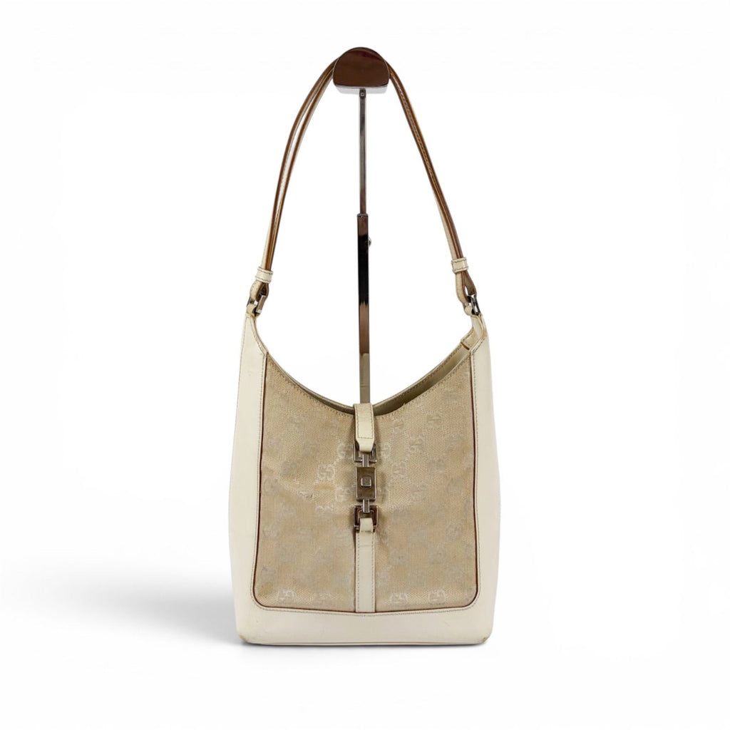 Gucci Jackie Line GG Canvas Leather Shoulder Bag Hobo White