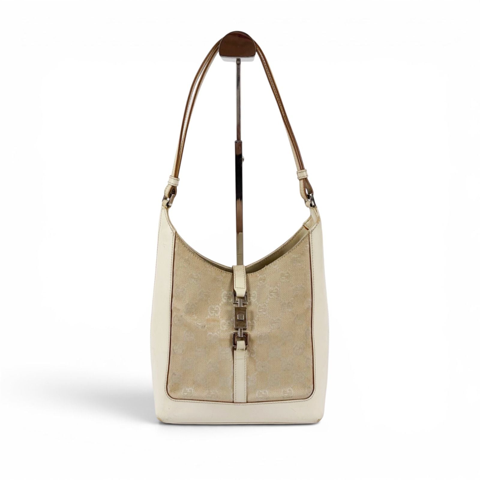 Gucci Jackie Line GG Canvas Leather Shoulder Bag Hobo White