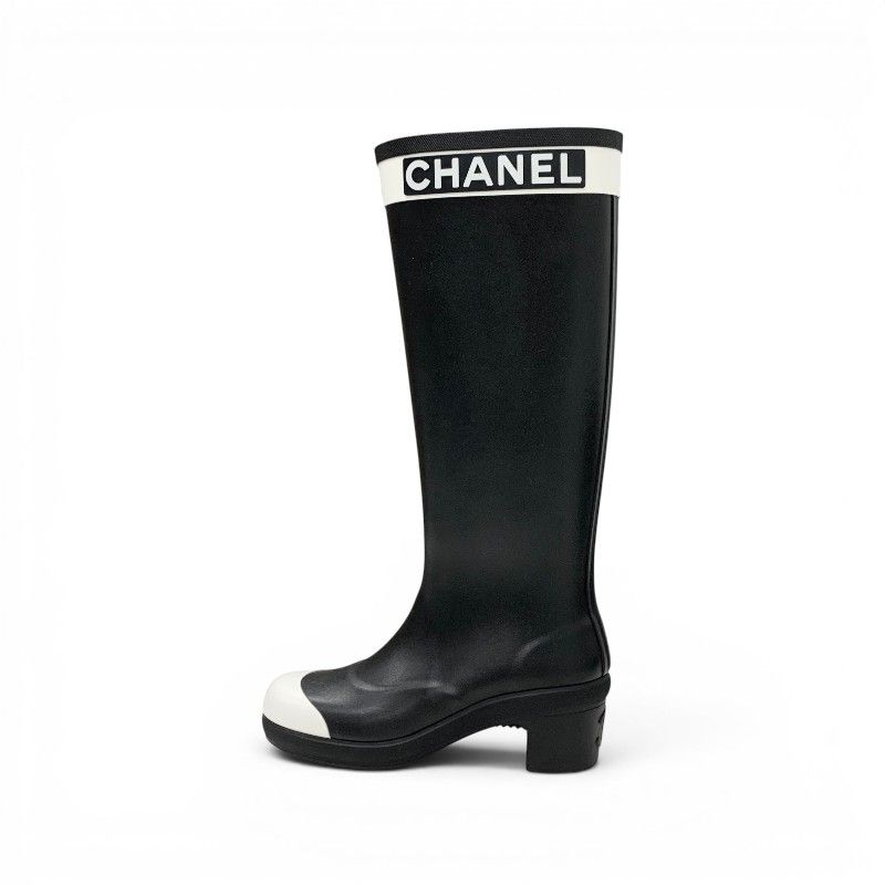 Chanel Boots Long Shoes Rubber Black White CC Logo Rain — view 3