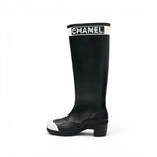 Chanel Boots Long Shoes Rubber Black White CC Logo Rain — view 3