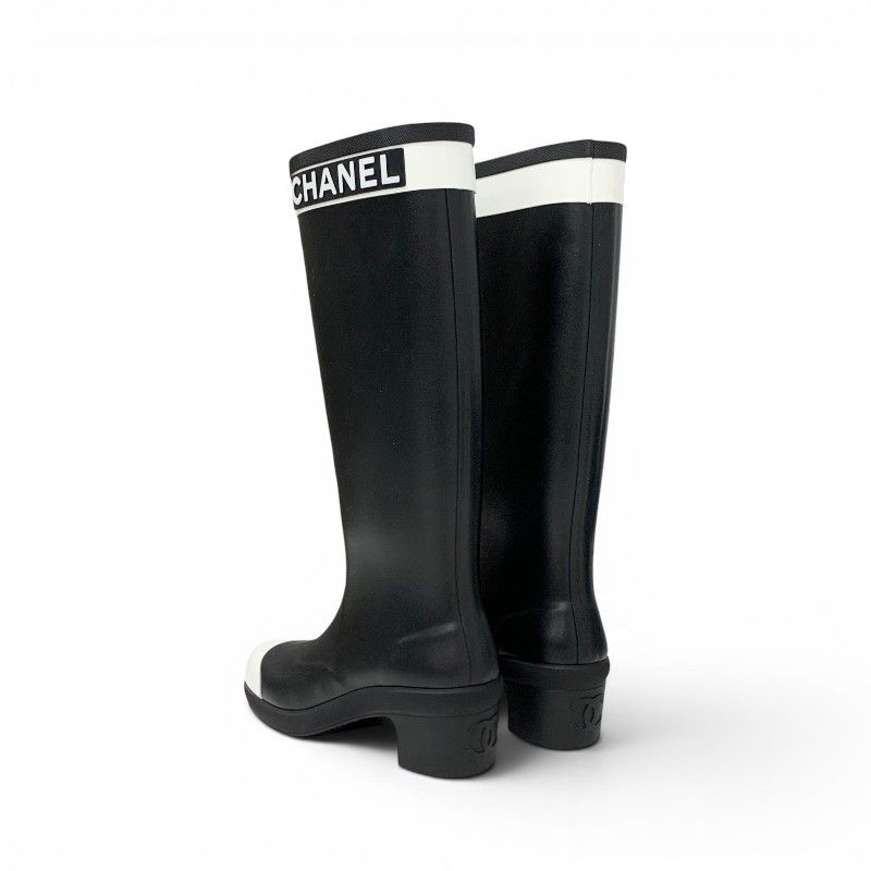 Chanel Boots Long Shoes Rubber Black White CC Logo Rain — view 4