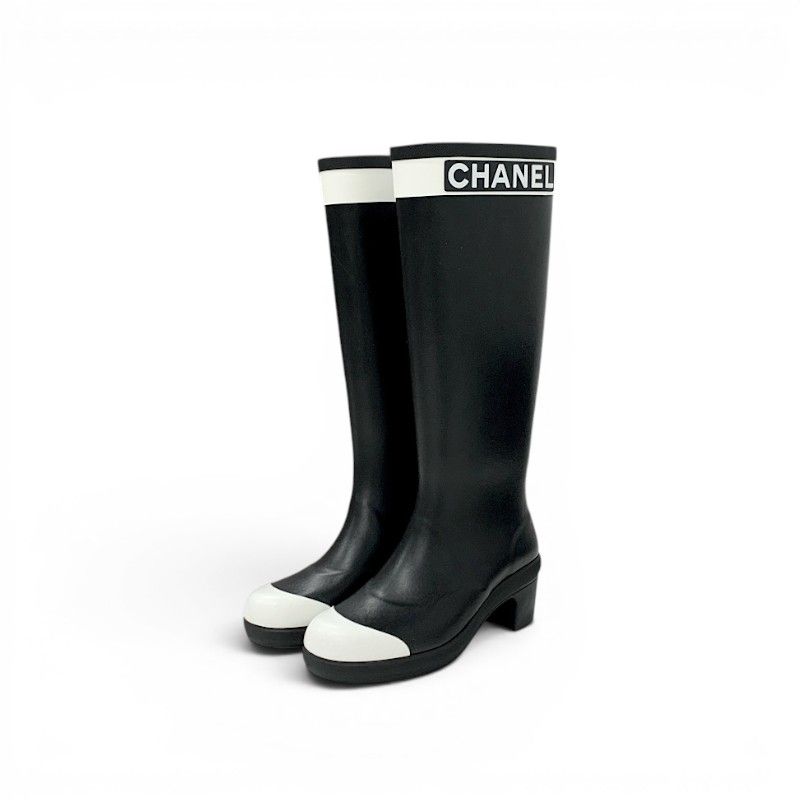 Chanel Boots Long Shoes Rubber Black White CC Logo Rain