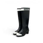 Chanel Boots Long Shoes Rubber Black White CC Logo Rain