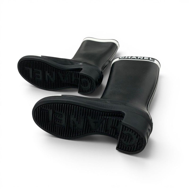 Chanel Boots Long Shoes Rubber Black White CC Logo Rain — view 6