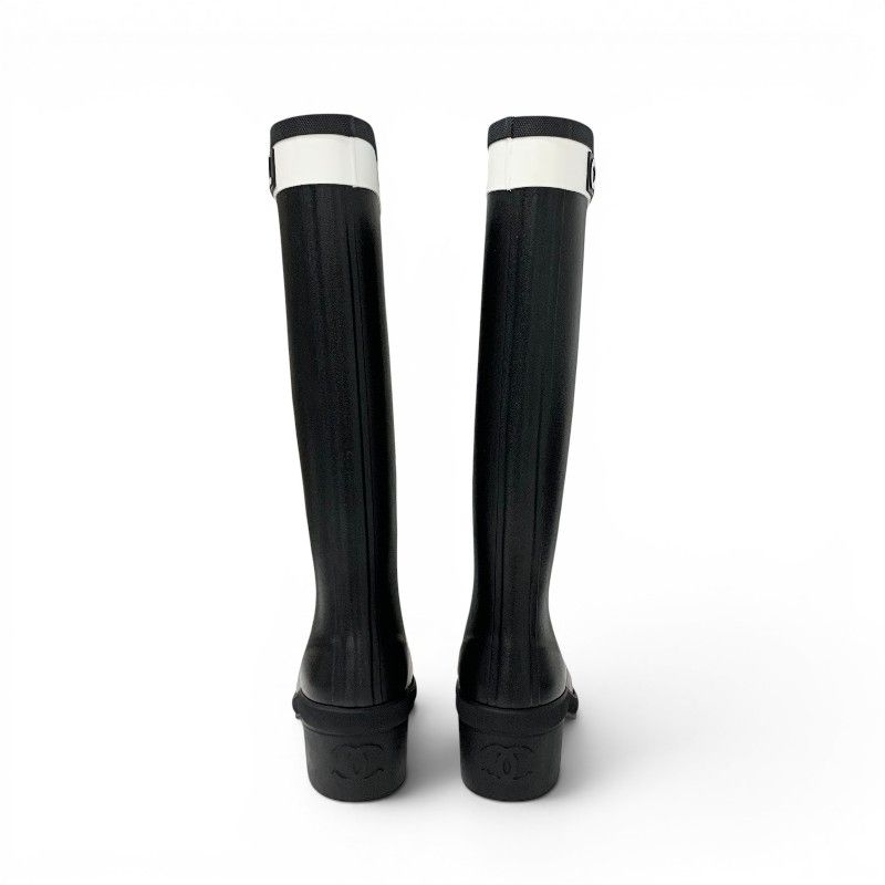 Chanel Boots Long Shoes Rubber Black White CC Logo Rain — view 5
