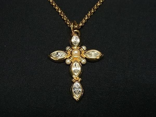 Dior Necklace Cross Pendant Gold Metal Rhinestone Faux Pearl — view 2