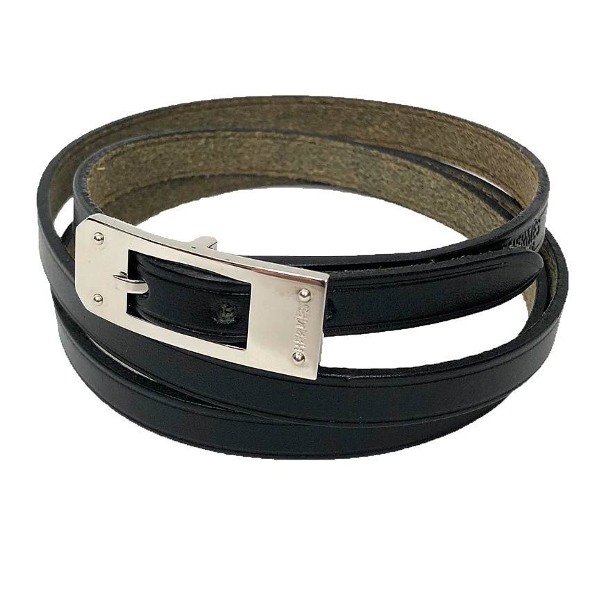 Hermes Leather Bracelet Choker Kelly Ardion Black Silver