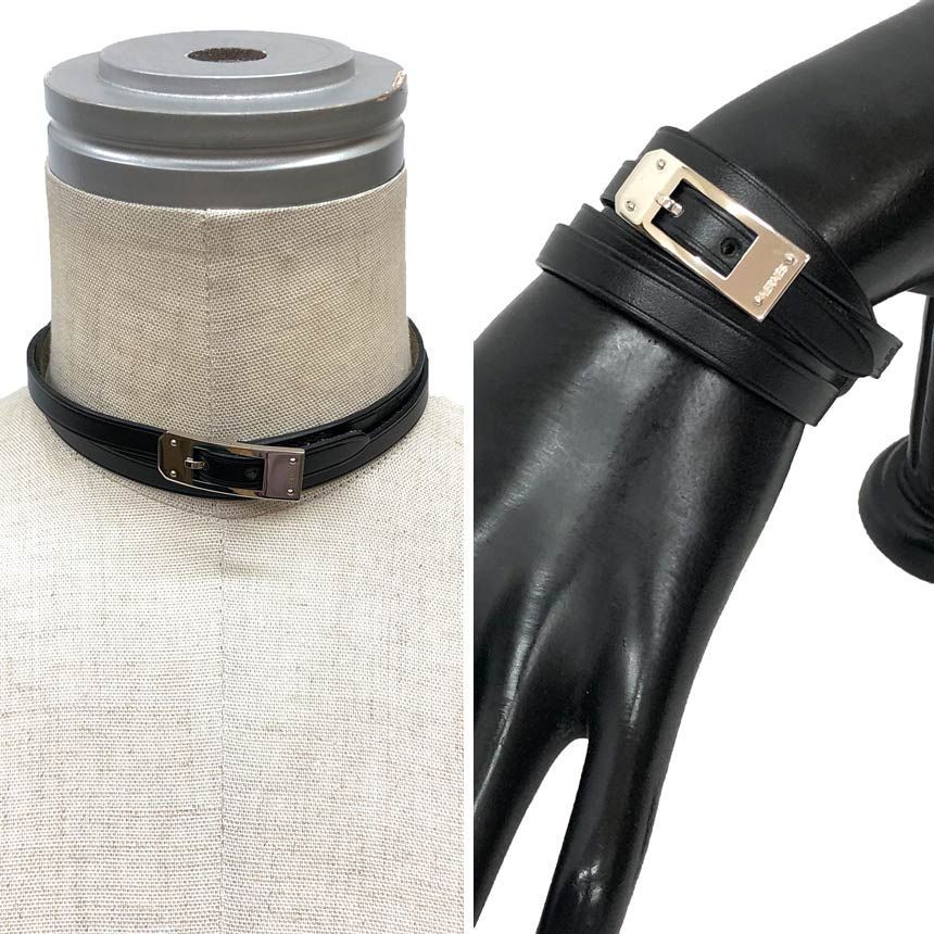 Hermes Leather Bracelet Choker Kelly Ardion Black Silver — view 2