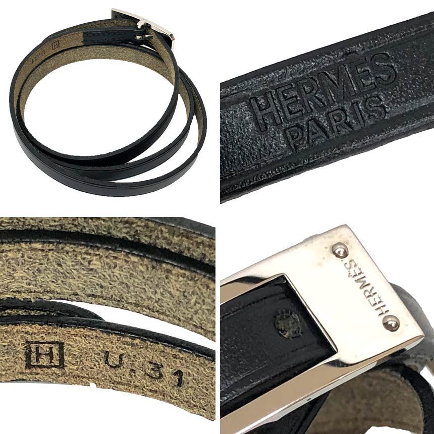 Hermes Leather Bracelet Choker Kelly Ardion Black Silver — view 3