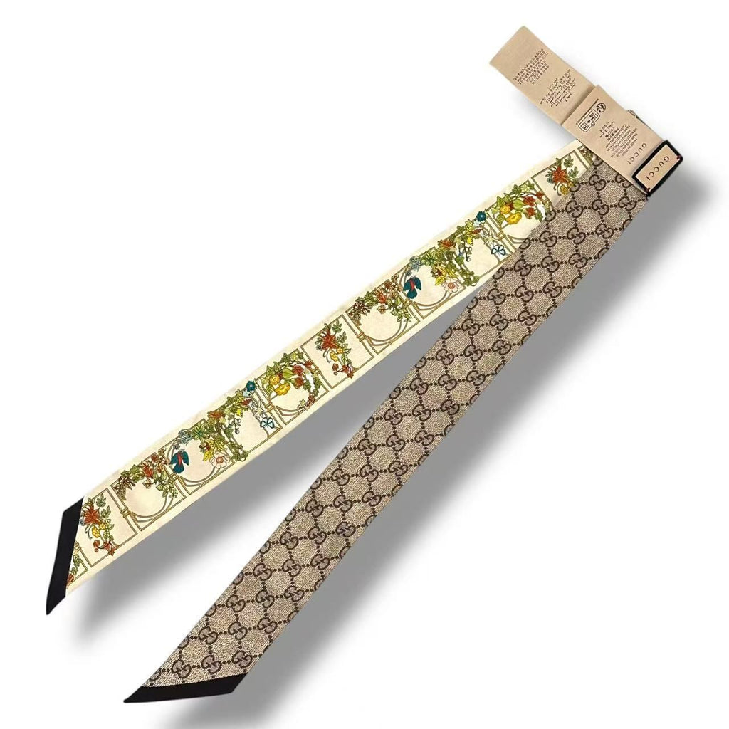 Gucci Twilly Silk Scarf GG Logo Floral Pattern Beige — view 3