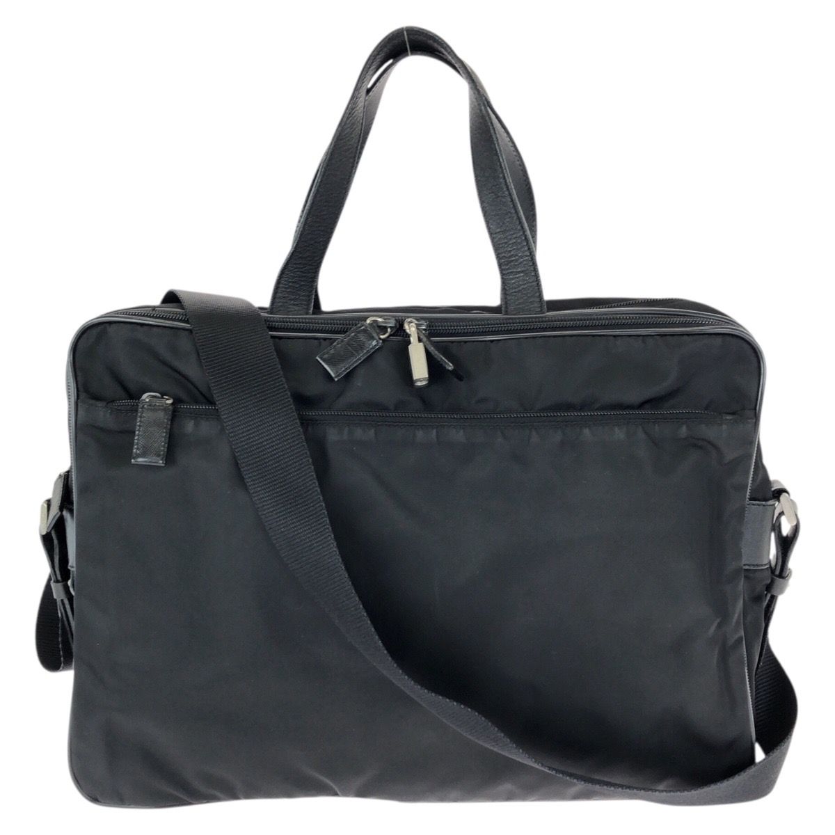 Prada Tessuto Saffiano 2-Way Black Silver Nylon Leather Business