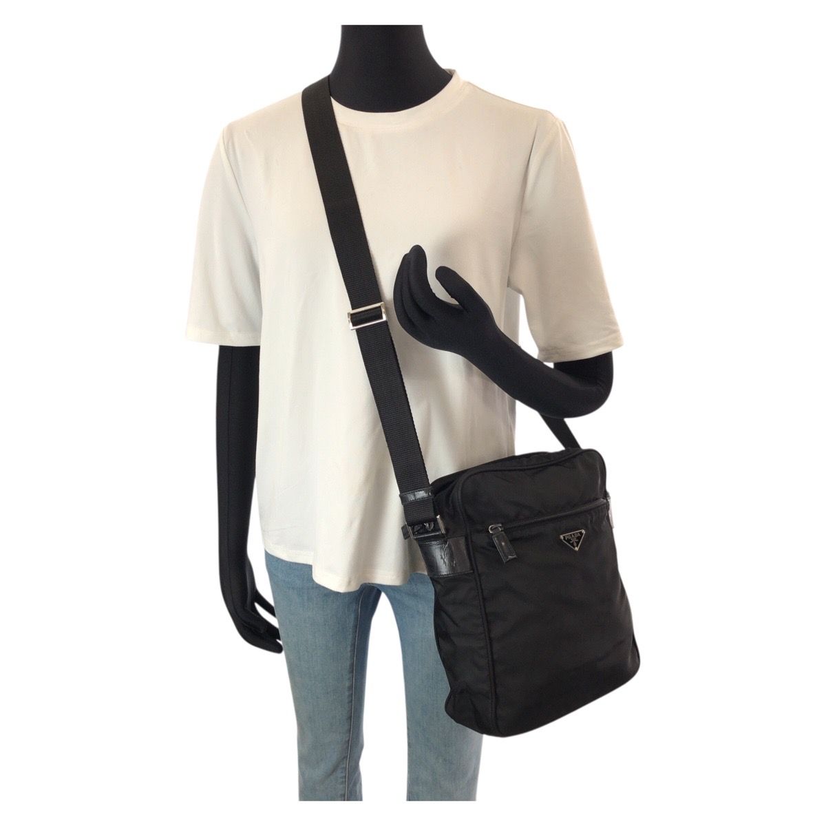 Prada Tessuto Black Silver Nylon Leather Shoulder — view 7