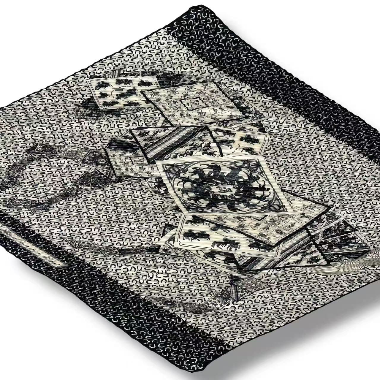 Hermes Scarf Pleats Cheval Sur Mon Carre Riding Carre's Horse Silk White Black — view 5