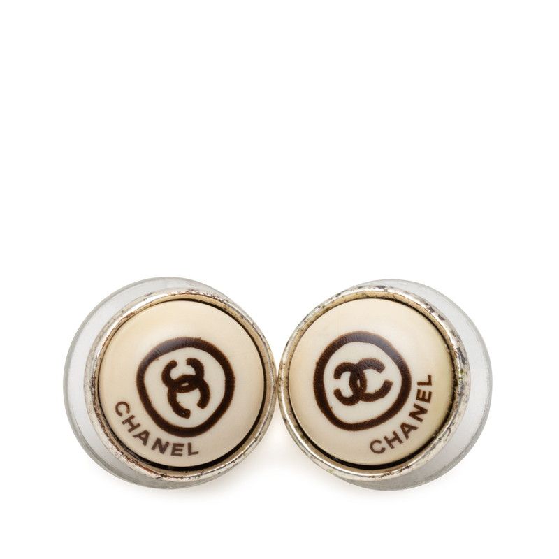 Chanel CC Logo Stud Earrings Ivory Silver Metal