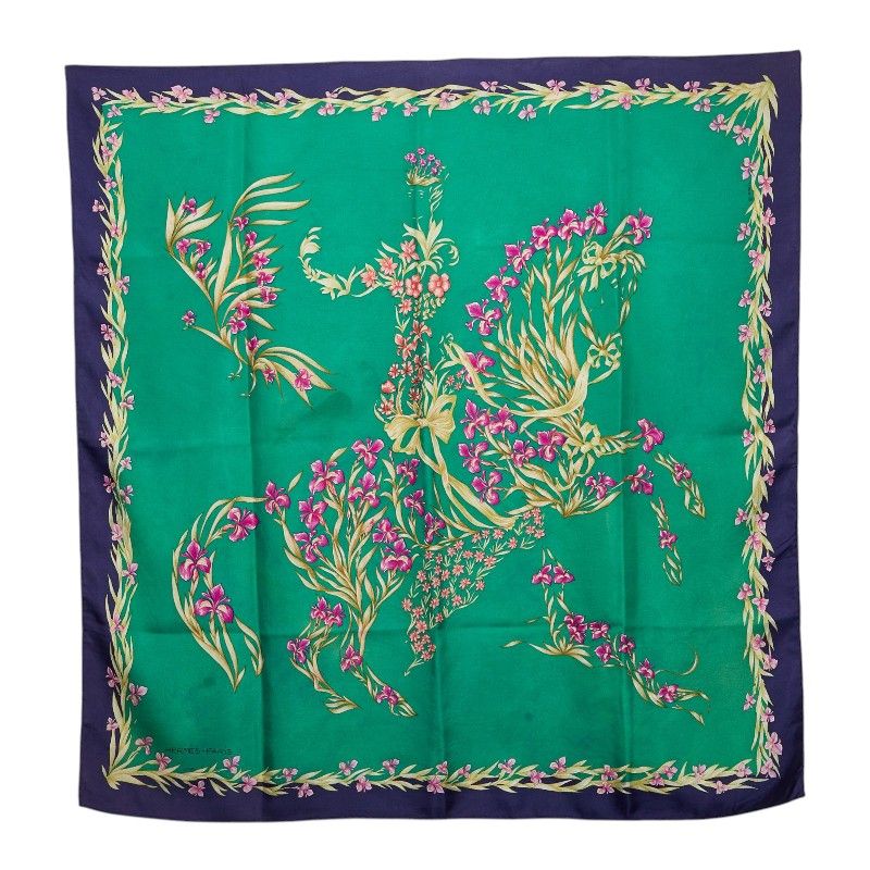 Hermes Carre 90 Hd'origny Flower Blooming Horse Scarf Large Green Multicolor