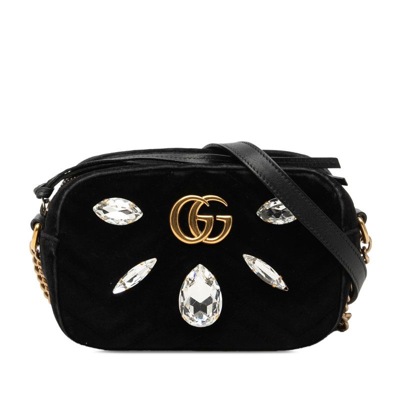 Gucci GG Marmont Crossbody Quilted Shoulder Bag Black Leather Velvet Biju